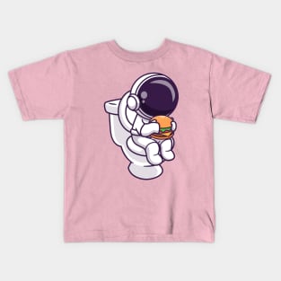 Cute Astronaut Eating Burger In Toilet Cartoon Kids T-Shirt